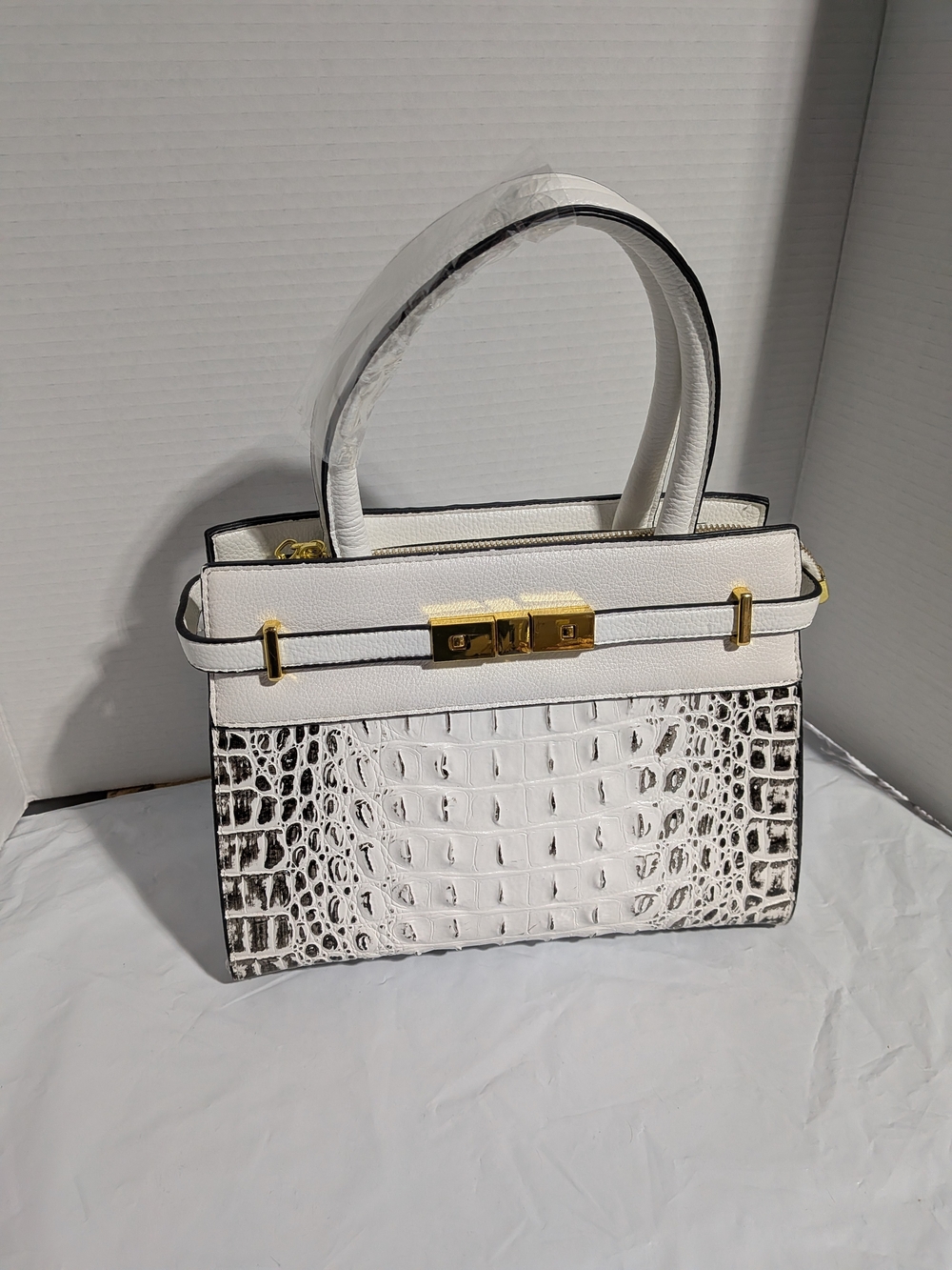 White Croc-Embossed Top-Handle Crossbody Bag with Gold Hardware